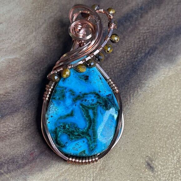 Artisan handmade Chrysocolla Malachite pendant wire wrap necklace malacholla tig - Picture 1 of 6